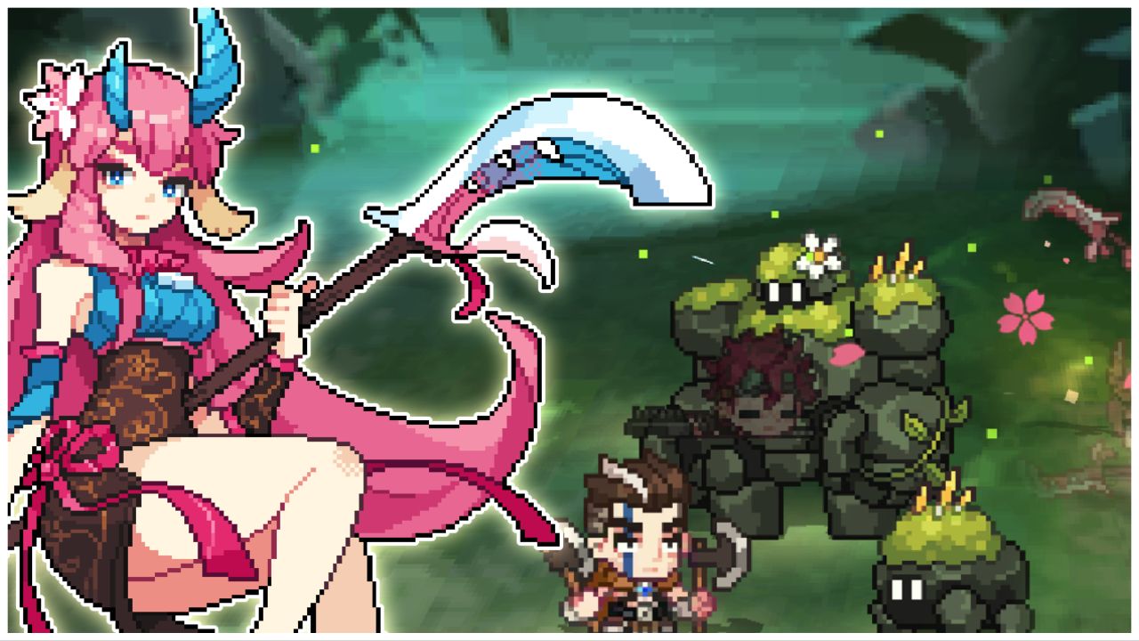 feature image for our unknown knights tier list, the image features promo art for the game of a pixel character with horns floating and holding a weapon, there is also pixel art of other characters from the game, including a rock monster with a flower on its head and moss on its shoulders