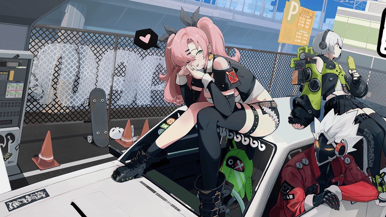 The featured image for our Zenless Zone Zero codes guide, featuring two characters from the game hanging out, sitting on a car roof together.
