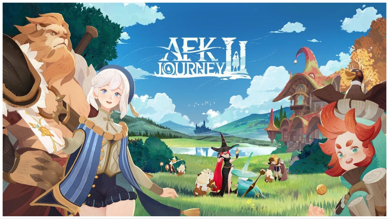 feature image for our afk journey codes guide, the image features official promo art for the game of realistic drawings of some of the characters from the first game, AFK Arena, they are all relaxing in a field with a lake behind them