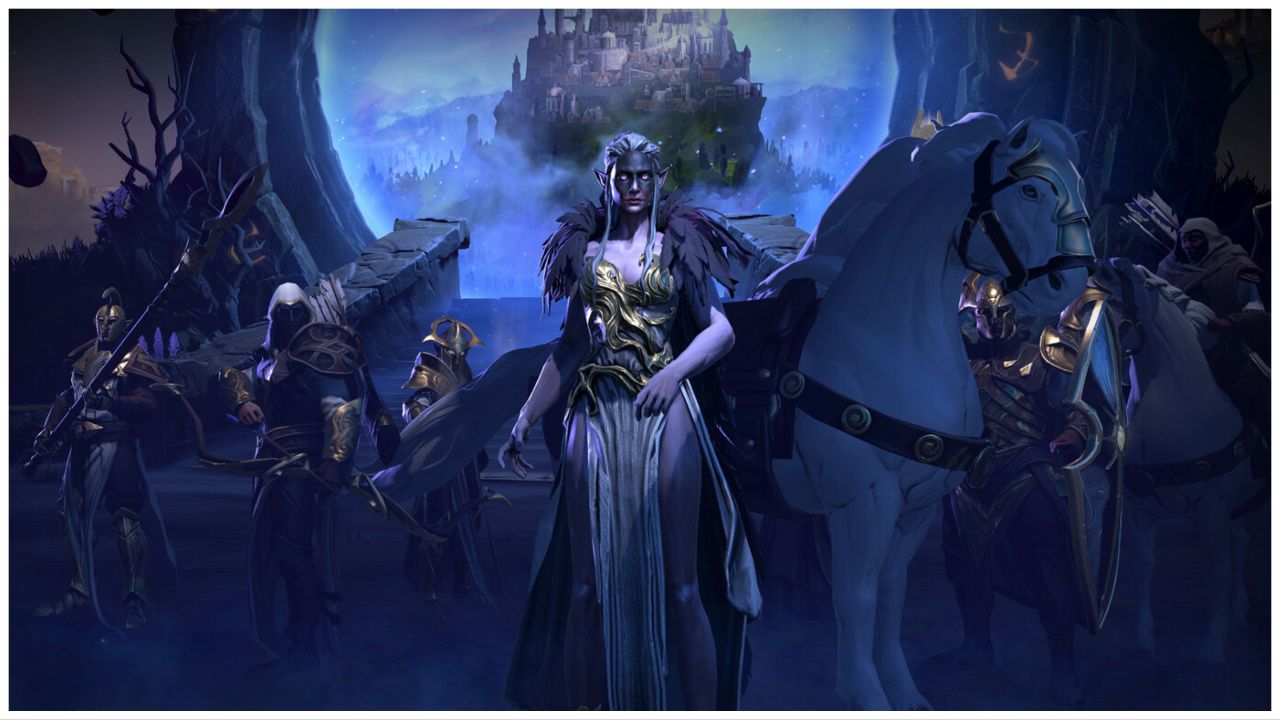 feature image for our age of wonders 4 tome tier list, the image features promo art for the game of an elven woman with glowing eyes standing next to a horse with a group of warriors stood behind her, there is also a large hill in the distance that looks to be inside of a teleportation device, with a variety of buildings upon the hill