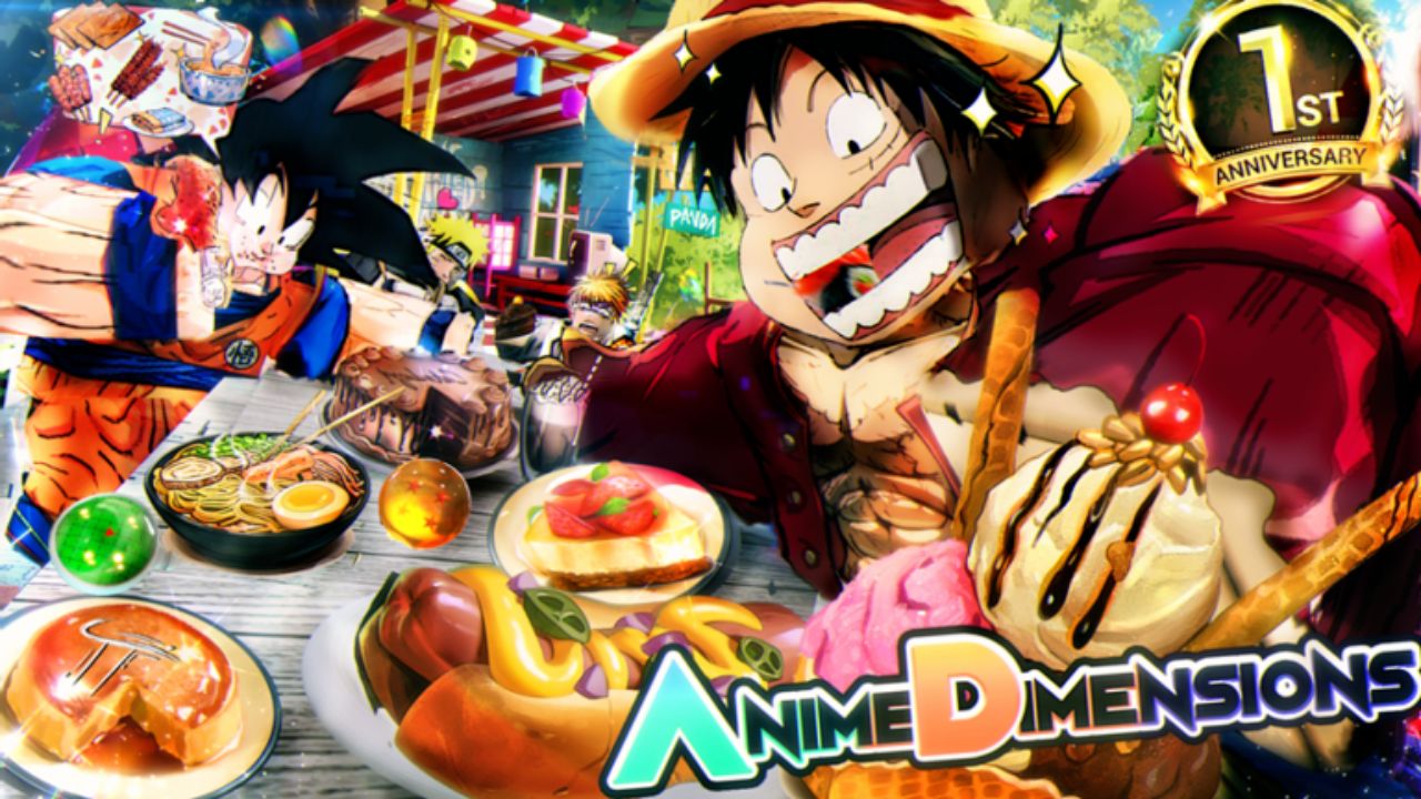 Feature image for the Anime Dimensions Simulator tier list. It shows the game characters Fluffy and Roku eating food at a table.