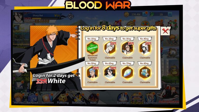 Feature image for our Blood War tier list. It shows a rewards screen from the game, with a waist-up picture of the Bleach character Ichigo Kurosaki