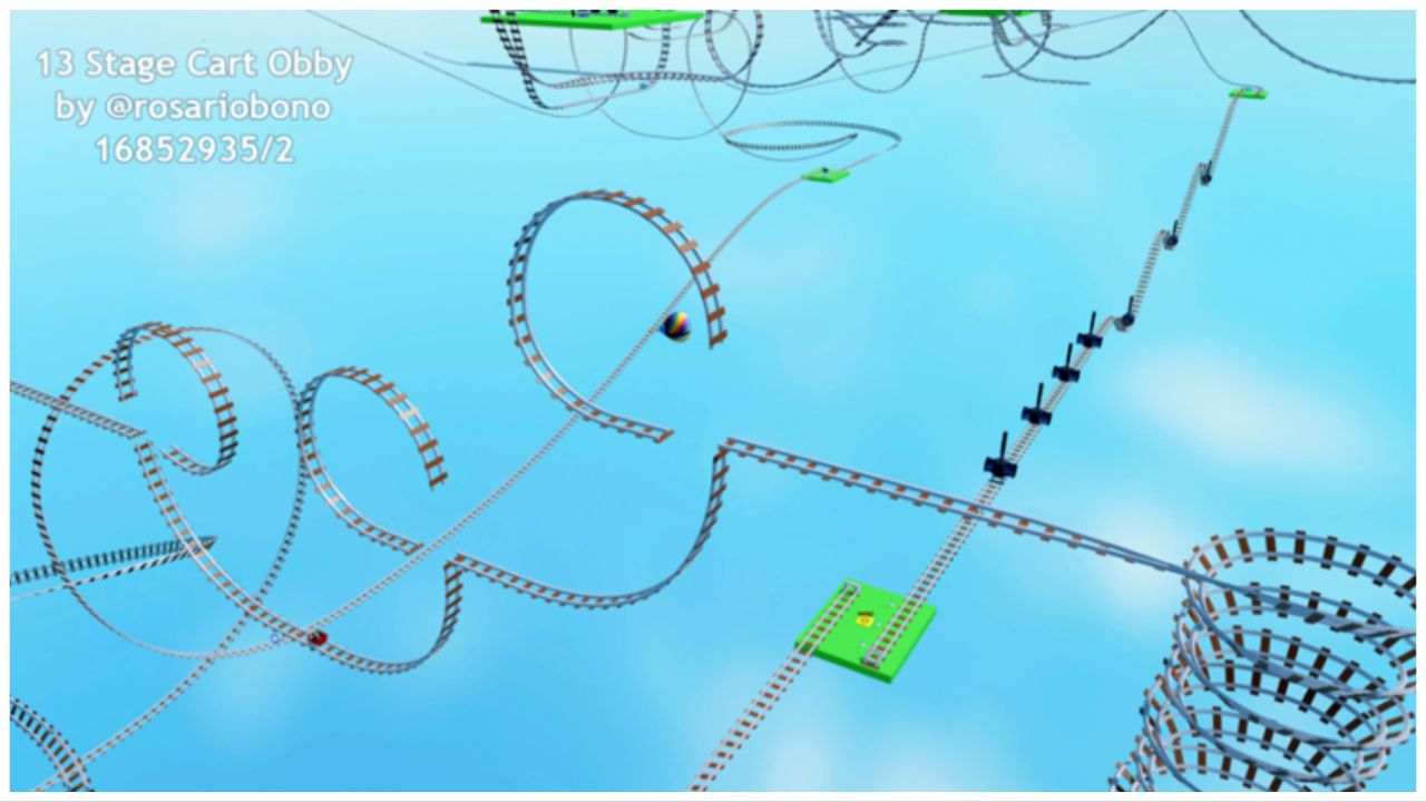 feature image for our create a cart ride codes guide, the image features a screenshot from the game of a cart ride obstacle course with rollercoaster tracks and loops