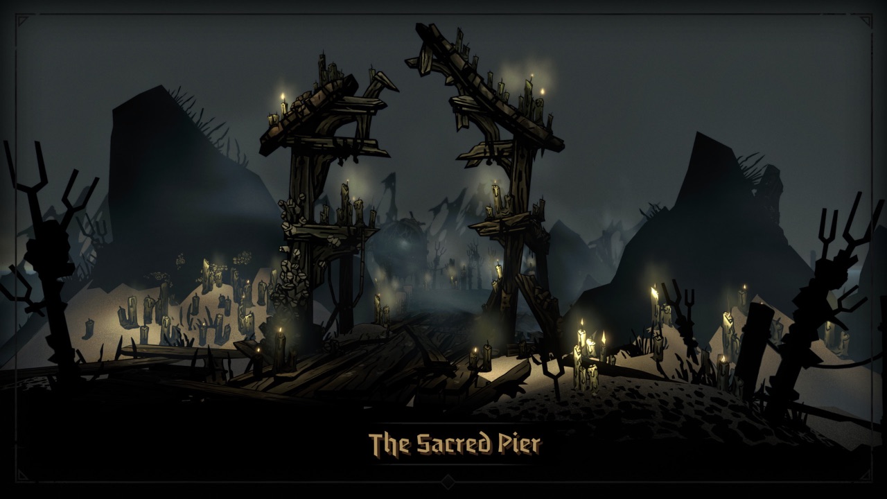 The featured image for our Darkest Dungeon 2 tier list, featuring art work for The Sacred Pier location.