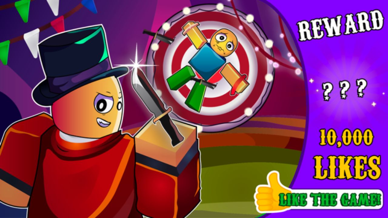 Feature image for our Frankie's Funhouse codes guide. It shows a Roblox character in a Ringmaster outfit throwing knives at another Roblox character stuck to a spinning wheel.