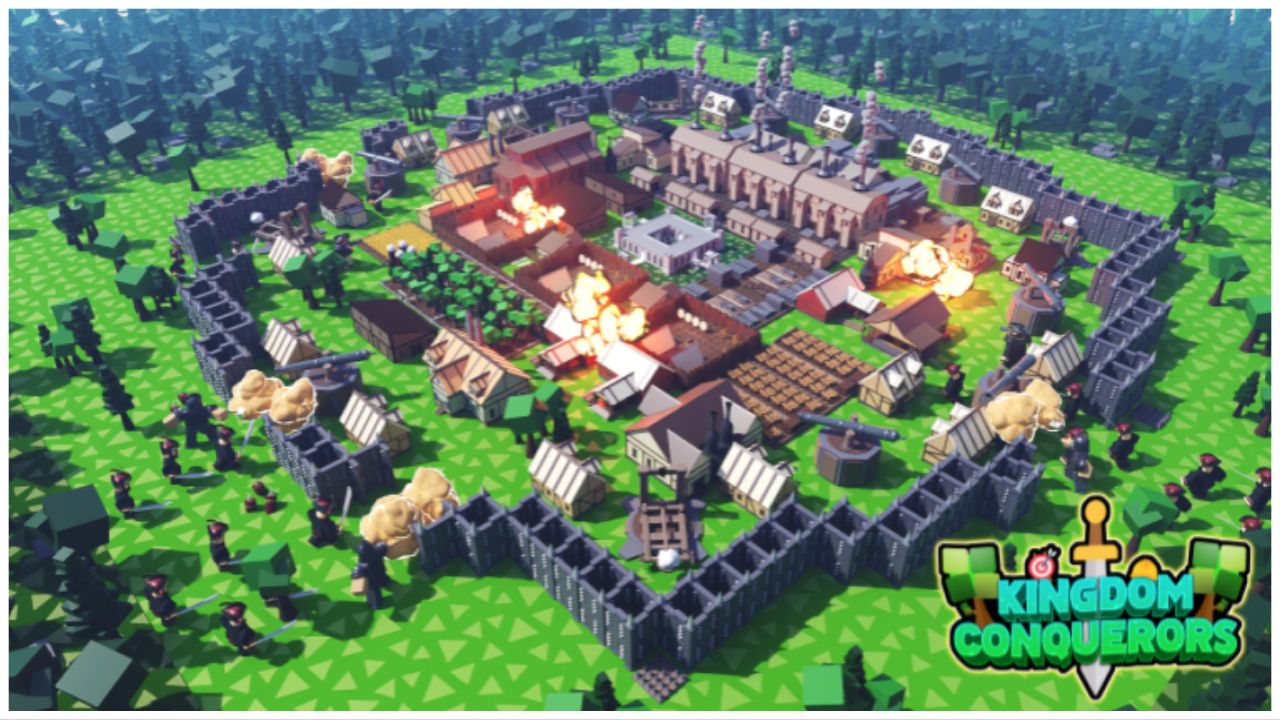 feature image for our kingdom conquerers codes, the image features a promo screenshot from the game of an empire being attacked by enemies, there are structures on fire as soldiers attack the barricades, the entire empire is surrounded by a forest