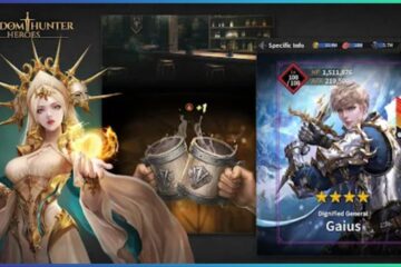 feature image for our kingdom hunter heroes tier list, the image features official promo art for the game of a woman holding a fire orb in her hand, there is also promo art of a male character from the game as he holds his sword back, there is also art of two hands toasting pints of a drink together