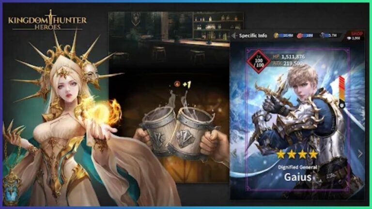 feature image for our kingdom hunter heroes tier list, the image features official promo art for the game of a woman holding a fire orb in her hand, there is also promo art of a male character from the game as he holds his sword back, there is also art of two hands toasting pints of a drink together
