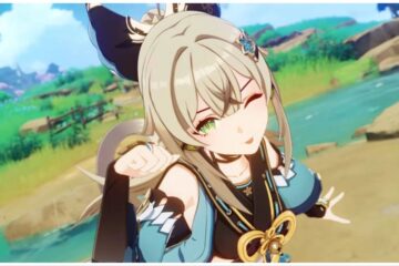 feature image for our kirara weapon tier list, the image features a screenshot from her character trailer as she sticks her tongue out and puts her hand up to her face like a cat paw