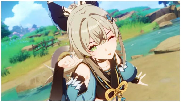 feature image for our kirara weapon tier list, the image features a screenshot from her character trailer as she sticks her tongue out and puts her hand up to her face like a cat paw