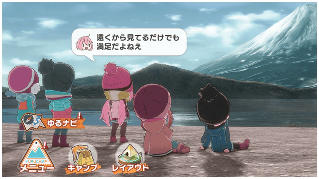 feature image for our laid back camp tier list, the image features 5 characters admiring the view of mount fuji in the distance, two of them are sat down on the ground by a lake, there is also a text bubble and some UI buttons on the screen