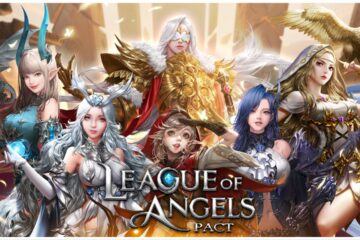 feature image for our league of angels pact tier list, the image features promo art of some of the angels from the game as they pose and smile, there is a small dragon floating next to the angels, as well as a large bird wearing a helmet, the game's logo is at the bottom centre of the art piece
