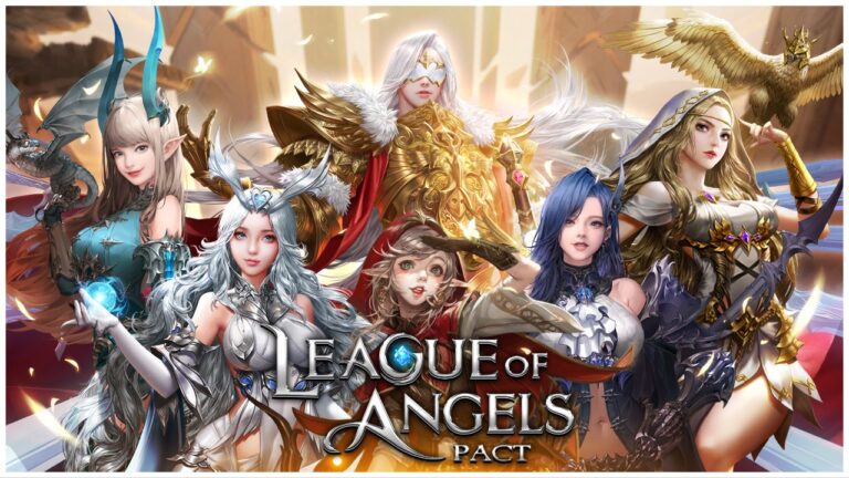 feature image for our league of angels pact tier list, the image features promo art of some of the angels from the game as they pose and smile, there is a small dragon floating next to the angels, as well as a large bird wearing a helmet, the game's logo is at the bottom centre of the art piece