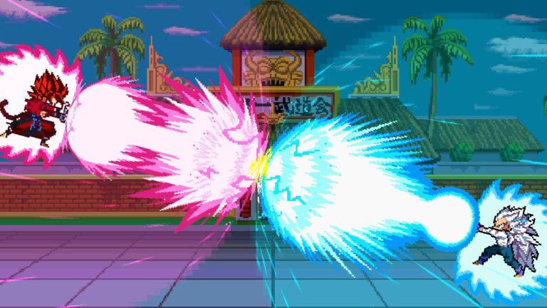 Feature image for our Legend Warriors Battle Of God tier list. It shows two pixel characters throwing coloured energy blasts at each other, one is red, one is blue.
