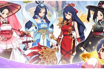 feature image for our legendary master idle tier list, the image features official promo art of different traditional outfits on characters from the game as they stand in front of a waterfall, there is also a small character smiling happily at the side as she raises her arms up