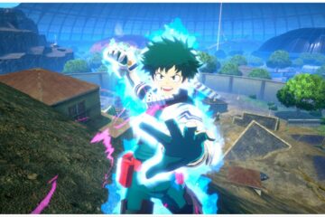 feature image for our my hero ultra rumble tier list, the image features a promo screenshot from the game of the character deku as he pulls his fist back ready to punch, he seems to be shouting and is glowing