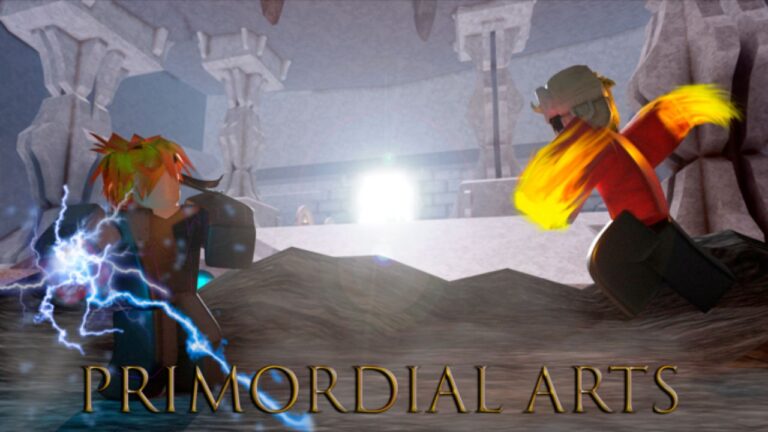 Feature image for our Primordial Arts tier list. It shows two Roblox characters fighting with magical abilities.