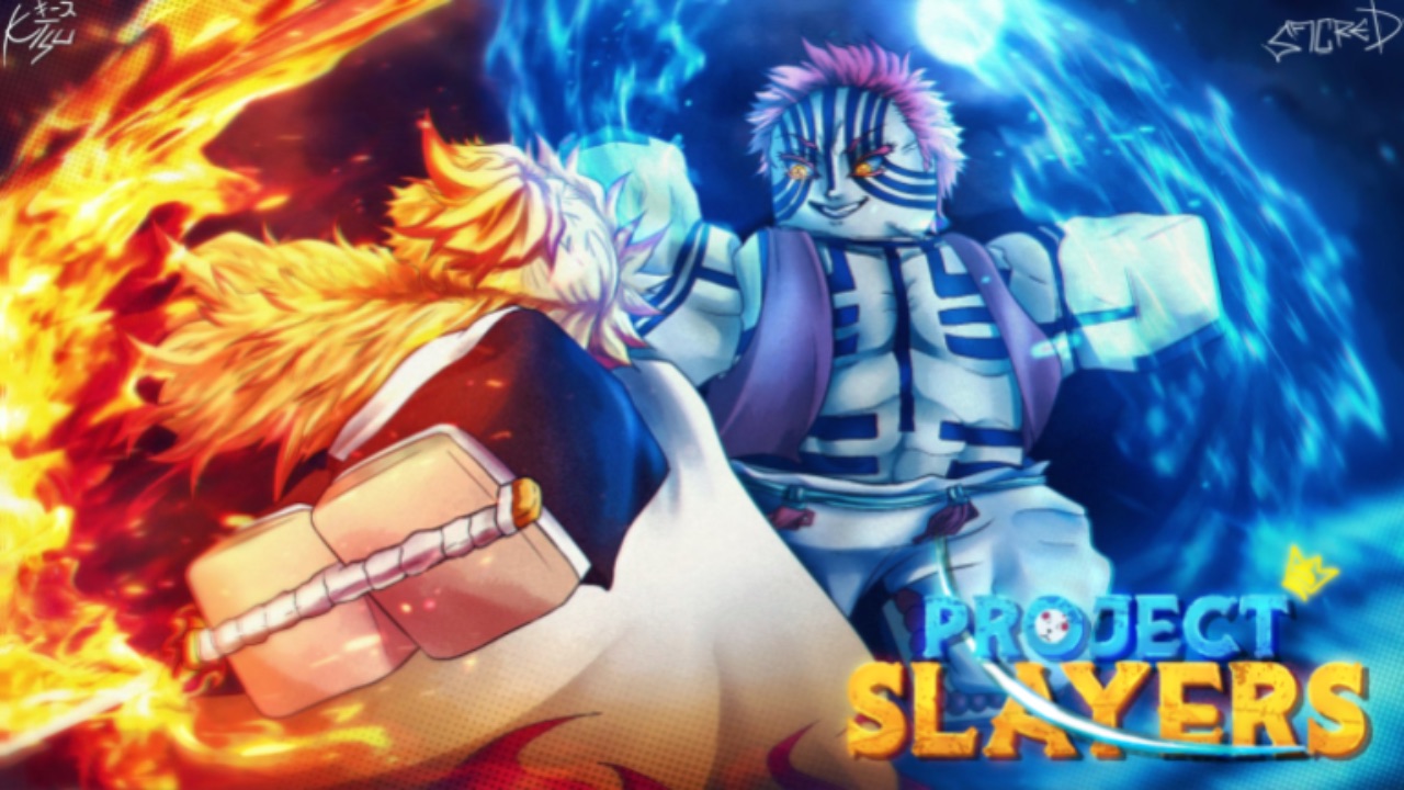The featured image for our Project Slayers clan tier list, featuring two characters fighting each other in a blaze of contasting blue and orange fire.