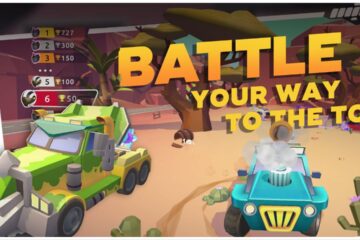 feature image for our redline royale tier list, the image features a promo image for the game with a bunch of cars taking part in a race through a dessert track, there's a leaderboard with trophies and text that reads "battle your way to the top"