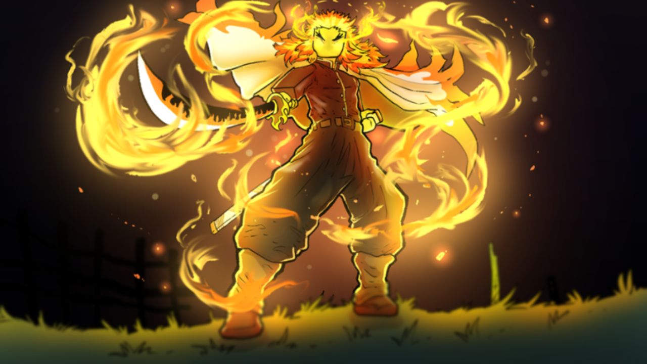 Feature image for our Slayer Arean codes guide. It shows art of a character with a sword surrounded by a gold aura of magic.