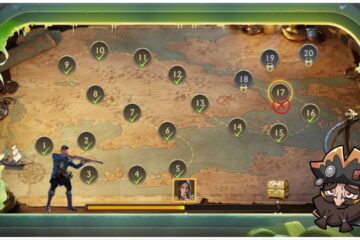 feature image for our stormshot tier list, the image features promo art of the map from the game, with different stages ticked off, there is a character aiming with a gun, and a drawing of a pirate looking confused as he is surrounded by question marks