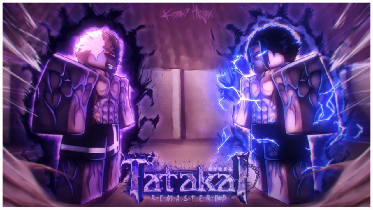 feature image for our tatakai remastered tier list, the image features official promo art for the game of two powerful roblox characters glaring at each other with glowing eyes, they have extremely strong muscles as they both have auras radiating from their bodies, the game's logo is also at the bottom