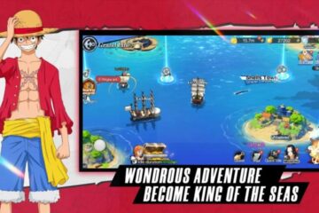 Feature image for our The Sea Road Fate Assembly tier list. It shows a screen with a ship on a blue sea with islands, next to some art of the character of Luffy from One Piece.