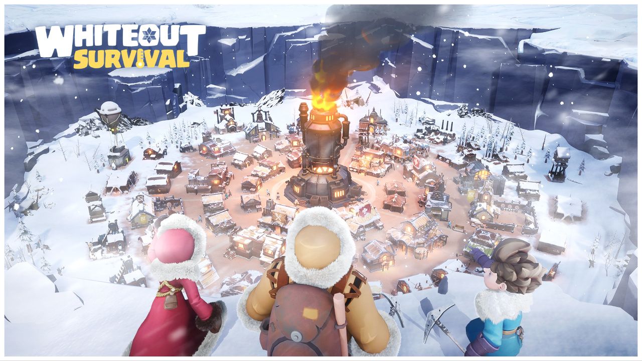 feature image for our whiteout survival tier list, the image features a promo shot for the game of three characters overlooking a town amidst piles of snow, one character is pointing towards the structures while a large furnace in the middle has bellowing smoke and fire