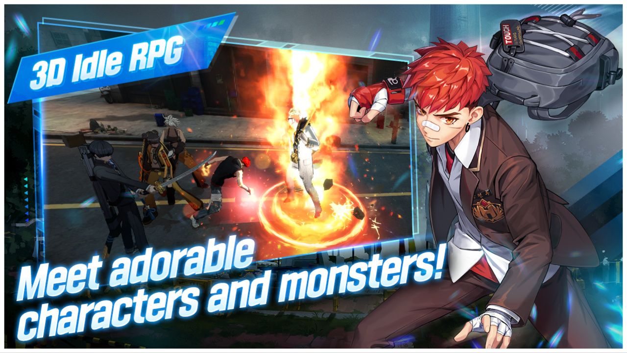 feature image for our wild fighter idle tier list, the image features official promo art of a character holding his fist up as his backback swings behind him, there is also a screenshot of combat from the game with a character who is surrounded by fire, there is also text saying "3D idle RPG" at the top and "meet adorable characters and monsters" at the bottom