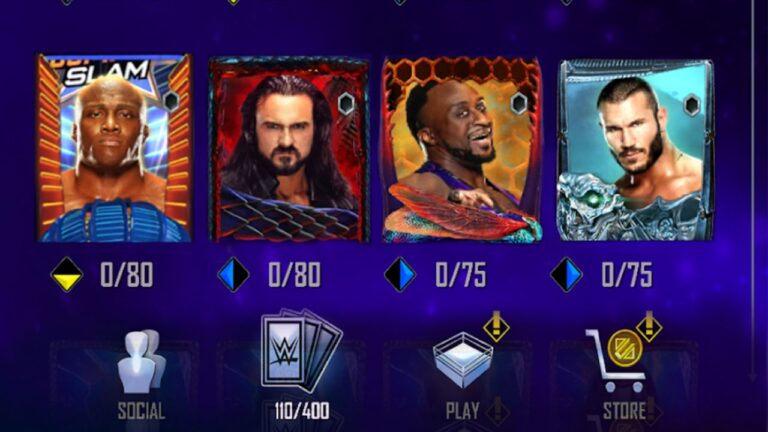 Feature image for our WWE Supercard QR codes guide. It shows an in-game screen of the card collection, showing the faces of several wrestlers.
