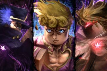 Feature image for our Anime World Tower Defense tier list. It shows promotional art of Roblox versions of Jojo's Bizarre Adventure characters.