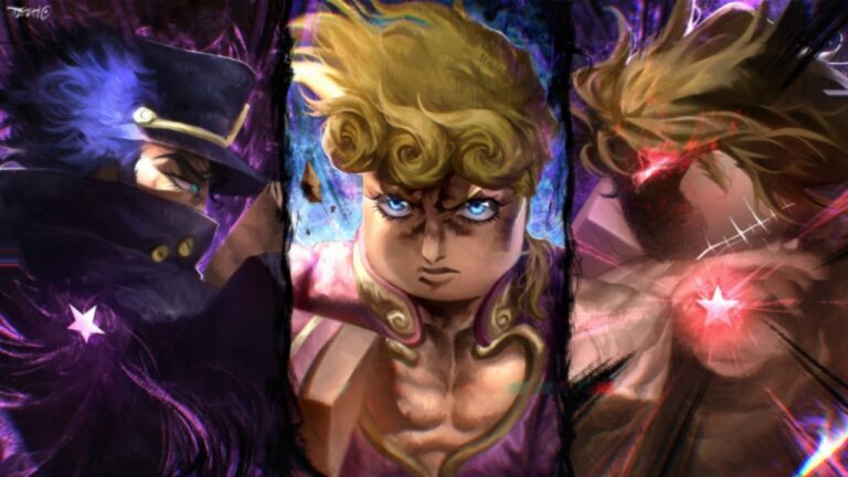 Feature image for our Anime World Tower Defense tier list. It shows promotional art of Roblox versions of Jojo's Bizarre Adventure characters.