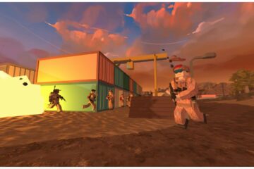 feature image for our battlebit remastered tier list, the image features a promo screenshot of the game of low-poly soldiers holding guns and traversing the desert, there are metal storage units next to them
