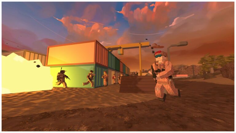 feature image for our battlebit remastered tier list, the image features a promo screenshot of the game of low-poly soldiers holding guns and traversing the desert, there are metal storage units next to them