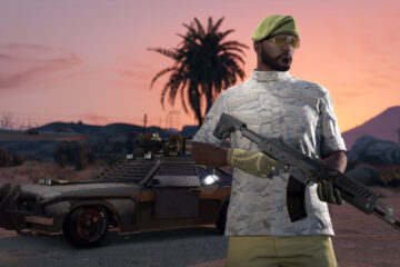 A soldier holding a gun in front of a car at sunset in GTA 5.