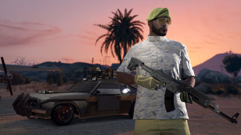 A soldier holding a gun in front of a car at sunset in GTA 5.