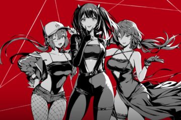 Feature image for our Brown Dust 2 characters list. It shows promo art of three female characters from the game rendered in greyscale, stood against a red background.