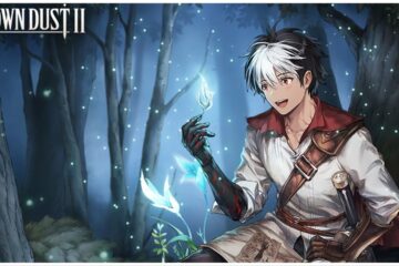 feature image for our brown dust 2 reroll, the image features official promo art of male character from the game as he sits by a tree in a forest with glowing orbs, he is smiling as he holds a glowing leaf