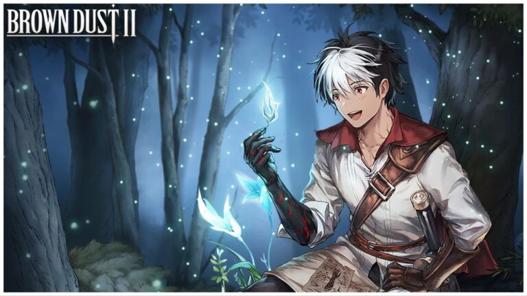 feature image for our brown dust 2 reroll, the image features official promo art of male character from the game as he sits by a tree in a forest with glowing orbs, he is smiling as he holds a glowing leaf