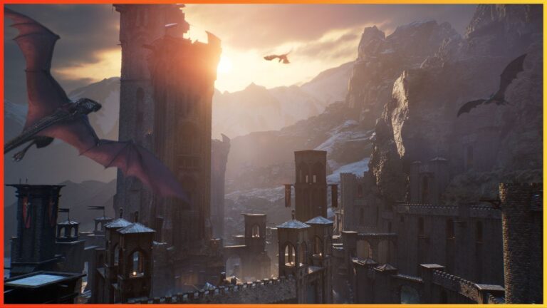 feature image for our century: age of ashes tier list, the image features a promo screenshot of dragons flying through the air towards a tall stone castle, there are mountains in the distance covered in snow