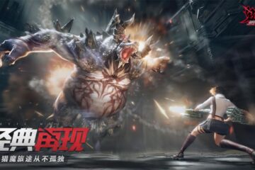 Feature image for our Devil May Cry: Peak Of Combat tier list. It shows a female character firing a large gun at a big, horned demonic creature.