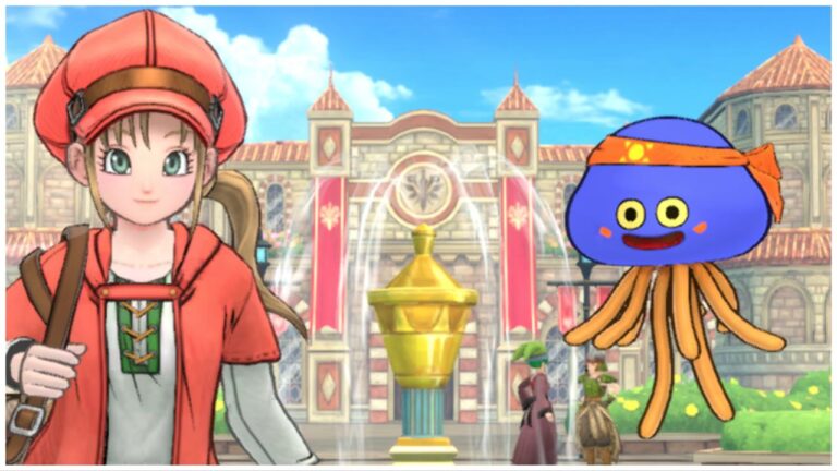 feature image for our dragon quest champions tier list, the image features a screenshot from the game of the main lobby screen with a female character holding on to her bag over her shoulder as a slime jelly fish floats beside her, she is standing in the middle of a town with a fountain behind her with residents going about their day