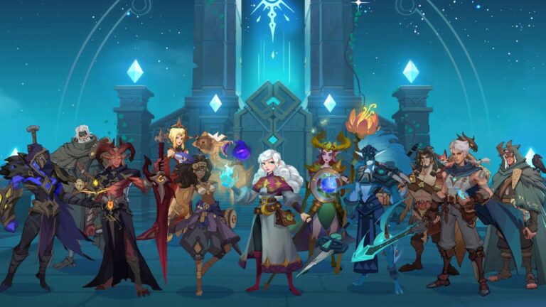 Feature image for our Ezetta Prophecy tier list. It shows a cast of characters stood against the backdrop of a blue obelisk topped with crystals.