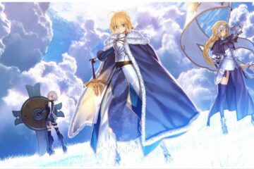 feature image for our FGO servant tier list, the image features art of some of the characters from the game as one holds a sword to the ground, and another holds a flag that is waving in the breeze, clouds surround them all behind