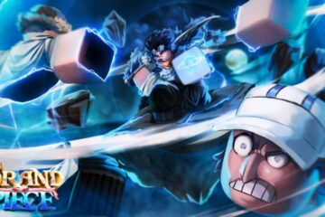 Feature image for our GPO tier list. It shows several anime Roblox characters fighting, with two in blocky pieces, his head looking surprised and displeased.