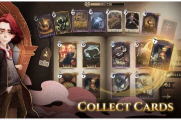 feature image for our harry potter: magic awakened best decks, the image features promo art of a harry potter character holding a wand while wearing the hogwarts uniform, there is also a screenshot of some of the cards from the game as the player makes a deck