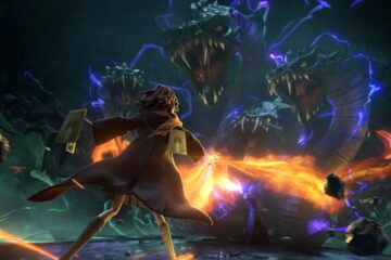 Feature image for our Harry Potter Magic Awakened card tier list. It shows a student character casting a fire spell at a huge hydra.