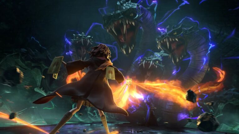 Feature image for our Harry Potter Magic Awakened card tier list. It shows a student character casting a fire spell at a huge hydra.