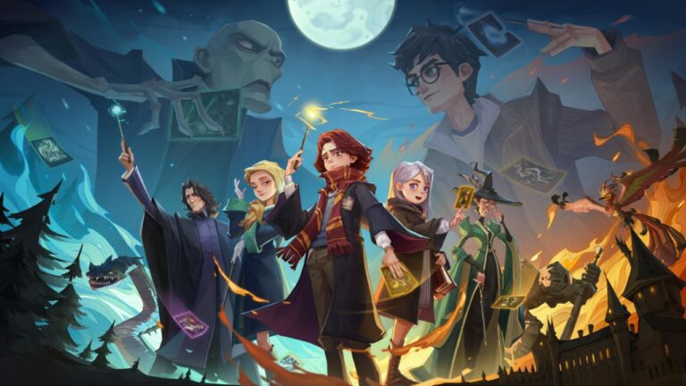 Feature image for our Harry Potter Magic Awakened tier list. It shows several characters stood between the school and the forbidden forest, with Harry Potter and Voldemort overhead.