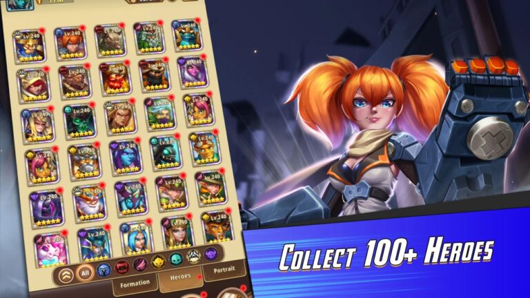 Feature image for our Heroes Awaken tier list. It shows art of a female character with ginger hair in pigtails, next to a list of character portraits.